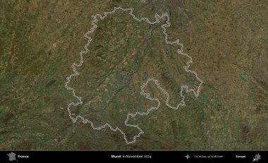 Muret. Copernicus Sentinel 'in Kasım 2024' te çekilen uydu görüntüsünde Fransa 'nın idari bölgesinin ana hatlarını çizdim.