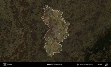 Nancy mi? Fransa 'nın idari alanı, Şubat 2019' da çekilen Kopernik Sentinel karolarından oluşan koyu renkli bir uydu görüntüsü üzerinde vurgulandı ve özetlendi.