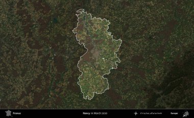 Nancy mi? Fransa 'nın idari alanı, Mart 2020' de çekilen Kopernik Nöbetçi karolarından oluşan koyu renkli bir uydu görüntüsü üzerinde vurgulandı ve özetlendi.