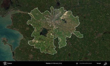 Nantes. Fransa 'nın idari alanı, Şubat 2019' da çekilen Kopernik Sentinel karolarından oluşan koyu renkli bir uydu görüntüsü üzerinde vurgulandı ve özetlendi.
