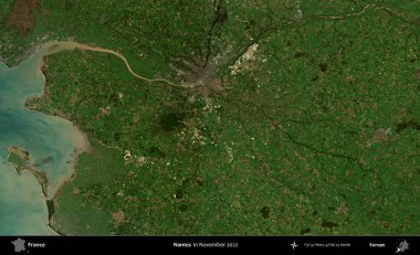 Nantes. Copernicus Sentinel 'in Kasım 2022' de çekilmiş uydu görüntüsü üzerine Fransa 'nın idari bölgesi.