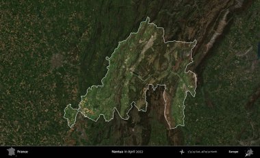 Nantua. Fransa 'nın idari alanı, Nisan 2022' de çekilen Kopernik Nöbetçi karolarından oluşan koyu renkli bir uydu görüntüsü üzerinde vurgulandı ve özetlendi.