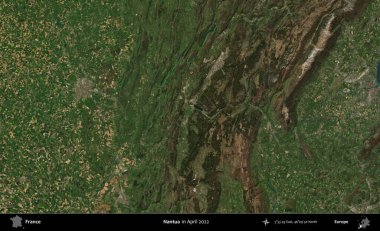 Nantua. Copernicus Sentinel 'in Nisan 2022' de çekilmiş uydu görüntüsü üzerine Fransa 'nın idari bölgesi.