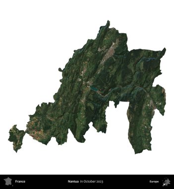 Nantua. Fransa 'nın idari bölgesi, Ekim 2023' te çekilen Kopernik Nöbetçi karolarından oluşan bir uydu görüntüsüyle beyaza izole edildi.