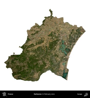 Narbonne. Fransa 'nın idari bölgesi, Şubat 2022' de çekilen Kopernik Nöbetçi karolarından oluşan bir uydu görüntüsüyle beyaza izole edildi.