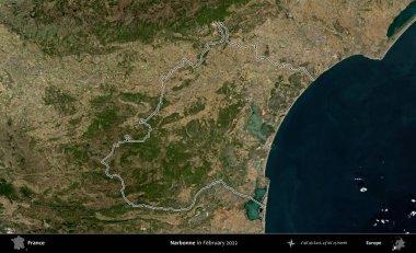 Narbonne. Copernicus Sentinel 'in Şubat 2022' de çekilen uydu görüntüsünde Fransa 'nın idari bölgesinin ana hatları belirlendi.