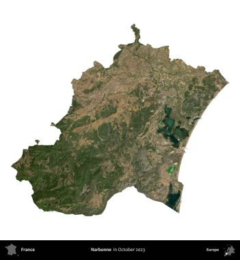 Narbonne. Fransa 'nın idari bölgesi, Ekim 2023' te çekilen Kopernik Nöbetçi karolarından oluşan bir uydu görüntüsüyle beyaza izole edildi.