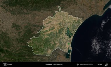 Narbonne. Fransa 'nın idari alanı, Ekim 2023' te çekilen Kopernik Nöbetçi karolarından oluşan koyu renkli bir uydu görüntüsü üzerinde vurgulandı ve özetlendi.