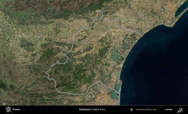 Narbonne. Nisan 2024 'te çekilen Copernicus Sentinel karolarından oluşan bir uydu görüntüsünde Fransa' nın idari bölgesinin ana hatlarını çizdim.