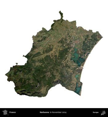 Narbonne. Fransa 'nın idari bölgesi, Kasım 2024' te çekilen Kopernik Nöbetçi karolarından oluşan uydu görüntüsüyle beyaza izole edildi.