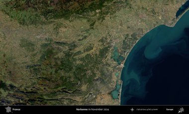 Narbonne. Copernicus Sentinel 'in Kasım 2024' te çekilmiş uydu görüntüsü üzerine Fransa 'nın idari bölgesi.