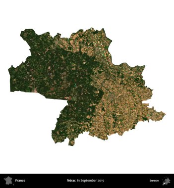 Nerac. Fransa 'nın idari bölgesi, Eylül 2019' da çekilen Kopernik Nöbetçi karolarından oluşan uydu görüntüsüyle beyaza izole edildi.