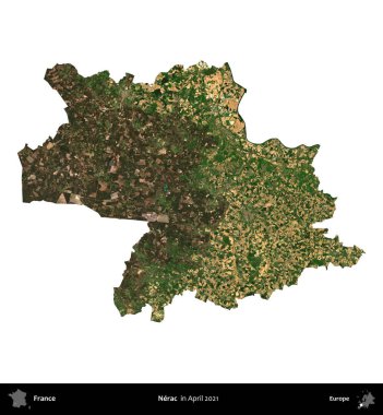 Nerac. Fransa 'nın idari bölgesi, Nisan 2021' de çekilen Kopernik Nöbetçi karolarından oluşan bir uydu görüntüsü ile beyaza izole edildi.