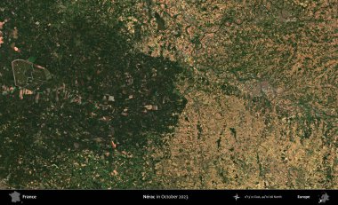 Nerac. Copernicus Sentinel 'in Ekim 2023' te çekilmiş uydu görüntüsü üzerine Fransa 'nın idari bölgesi.