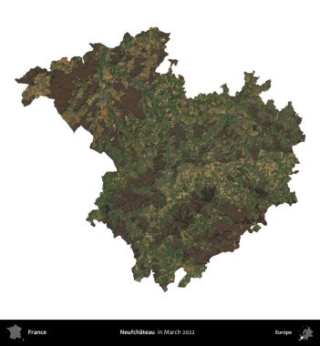 Neufchateau. Fransa 'nın idari bölgesi, Mart 2022' de çekilen Kopernik Nöbetçi karolarından oluşan bir uydu görüntüsüyle beyaza izole edildi.