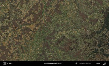 Neufchateau. Copernicus Sentinel 'in Mart 2022' de çekilmiş uydu görüntüsü üzerine Fransa 'nın idari bölgesi.