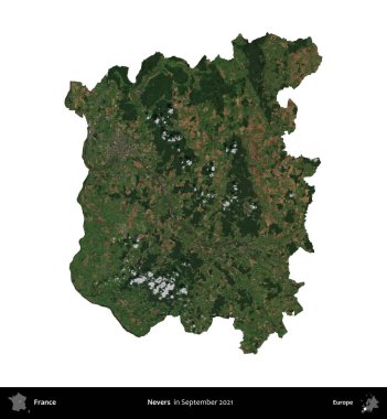 Nevers. Fransa 'nın idari bölgesi, Eylül 2021' de çekilen Kopernik Nöbetçi karolarından oluşan bir uydu görüntüsü üzerinde beyaza izole edildi.
