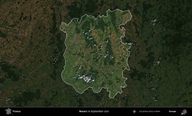 Nevers. Fransa 'nın idari alanı, Eylül 2021' de çekilen Kopernik Sentinel karolarından oluşan koyu renkli bir uydu görüntüsü üzerinde vurgulandı ve özetlendi.