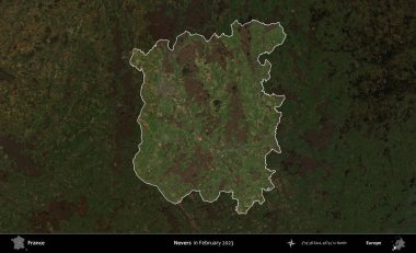 Nevers. Fransa 'nın idari alanı, Şubat 2023' te çekilen Kopernik Nöbetçi karolarından oluşan koyu renkli bir uydu görüntüsü üzerinde vurgulandı ve özetlendi.