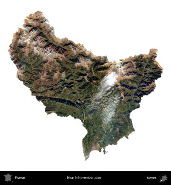 Güzelmiş. Fransa 'nın idari bölgesi, Kasım 2020' de çekilen Kopernik Nöbetçi karolarından oluşan bir uydu görüntüsü üzerinde beyaza izole edildi.