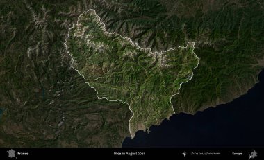 Güzelmiş. Fransa 'nın idari alanı, Ağustos 2021' de çekilen Kopernik Sentinel karolarından oluşan koyu renkli bir uydu görüntüsü üzerinde vurgulandı ve özetlendi.