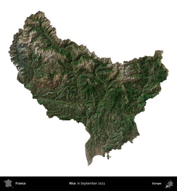 Güzelmiş. Fransa 'nın idari bölgesi, Eylül 2023' te çekilen Kopernik Nöbetçi karolarından oluşan bir uydu görüntüsü üzerinde beyaza izole edildi.