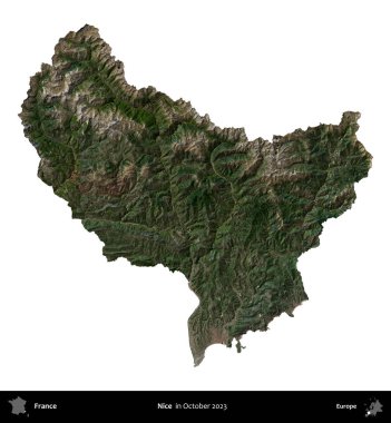 Güzelmiş. Fransa 'nın idari bölgesi, Ekim 2023' te çekilen Kopernik Nöbetçi karolarından oluşan bir uydu görüntüsüyle beyaza izole edildi.