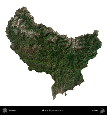 Güzelmiş. Fransa 'nın idari bölgesi, Eylül 2024' te çekilen Kopernik Nöbetçi karolarından oluşan uydu görüntüsüyle beyaza izole edildi.