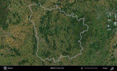 Nievre. Mayıs 2020 'de çekilen Copernicus Sentinel karolarından oluşan bir uydu görüntüsünde Fransa' nın idari bölgesinin ana hatları belirlendi.