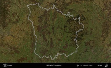 Nievre. Copernicus Sentinel 'in Şubat 2022' de çekilen uydu görüntüsünde Fransa 'nın idari bölgesinin ana hatları belirlendi.