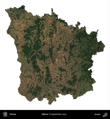 Nievre. Fransa 'nın idari bölgesi, Eylül 2023' te çekilen Kopernik Nöbetçi karolarından oluşan bir uydu görüntüsü üzerinde beyaza izole edildi.