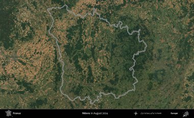 Nievre. Copernicus Sentinel 'in Ağustos 2024' te çekilen uydu görüntüsünde Fransa 'nın idari bölgesinin ana hatları belirlendi.