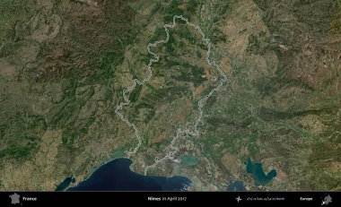 Nimes. Nisan 2017 'de çekilen Kopernik Nöbetçi karolarından oluşan bir uydu görüntüsünde Fransa' nın idari bölgesinin ana hatları belirlendi.