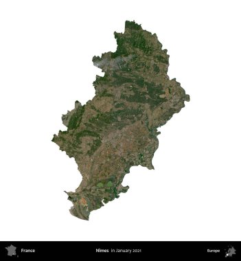 Nimes. Fransa 'nın idari bölgesi, Ocak 2021' de çekilen Kopernik Nöbetçi karolarından oluşan bir uydu görüntüsü üzerinde beyaza izole edildi.