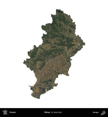 Nimes. Fransa 'nın idari bölgesi, Haziran 2021' de çekilen Kopernik Nöbetçi karolarından oluşan bir uydu görüntüsüyle beyaza izole edildi.