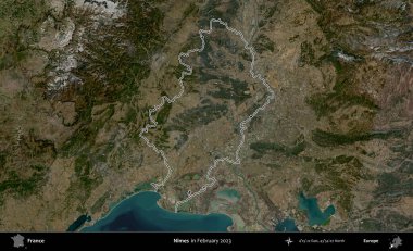 Nimes. Copernicus Sentinel 'in Şubat 2023' te çekilen uydu görüntüsünde Fransa 'nın idari bölgesinin ana hatları belirlendi.