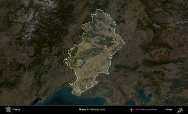 Nimes. Fransa 'nın idari alanı, Şubat 2023' te çekilen Kopernik Nöbetçi karolarından oluşan koyu renkli bir uydu görüntüsü üzerinde vurgulandı ve özetlendi.