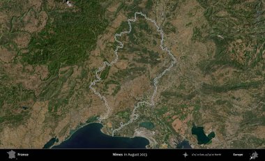 Nimes. Copernicus Sentinel 'in Ağustos 2023' te çekilen uydu görüntüsünde Fransa 'nın idari bölgesinin ana hatları belirlendi.