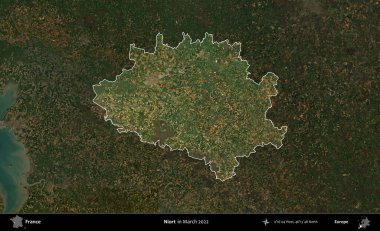 Niort. Fransa 'nın idari alanı, Mart 2022' de çekilen Kopernik Sentinel karolarından oluşan koyu renkli bir uydu görüntüsü üzerinde vurgulandı ve özetlendi.