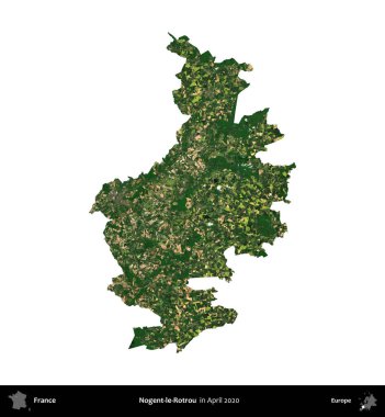 Nogent-le-Rotrou. Fransa 'nın idari bölgesi, Nisan 2020' de çekilen Kopernik Nöbetçi karolarından oluşan bir uydu görüntüsüyle beyaza izole edildi.