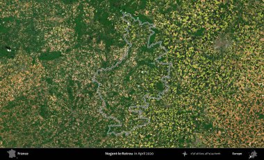 Nogent-le-Rotrou. Nisan 2020 'de çekilen Kopernik Nöbetçi karolarından oluşan bir uydu görüntüsünde Fransa' nın idari bölgesinin ana hatlarını çizdim.