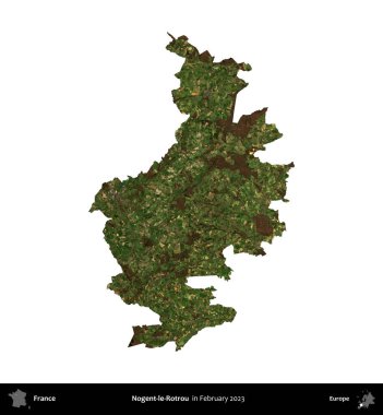 Nogent-le-Rotrou. Fransa 'nın idari bölgesi, Şubat 2023' te çekilen Kopernik Nöbetçi karolarından oluşan bir uydu görüntüsüyle beyaza izole edildi.