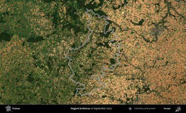 Nogent-le-Rotrou. Eylül 2023 'te çekilen Copernicus Sentinel karolarından oluşan bir uydu görüntüsünde Fransa' nın idari bölgesinin ana hatlarını çizdim.