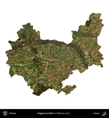 Nogent-sur-Seine. Fransa 'nın idari bölgesi, Şubat 2023' te çekilen Kopernik Nöbetçi karolarından oluşan bir uydu görüntüsüyle beyaza izole edildi.