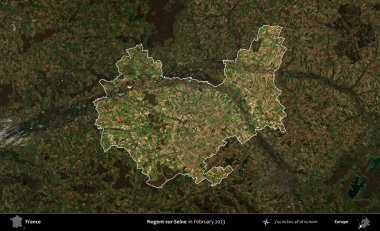 Nogent-sur-Seine. Fransa 'nın idari alanı, Şubat 2023' te çekilen Kopernik Nöbetçi karolarından oluşan koyu renkli bir uydu görüntüsü üzerinde vurgulandı ve özetlendi.