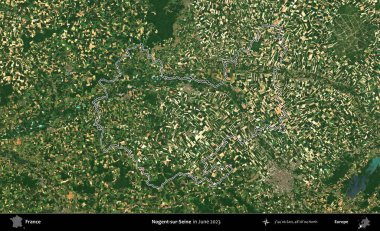 Nogent-sur-Seine. Haziran 2023 'te çekilen Copernicus Sentinel karolarından oluşan bir uydu görüntüsünde Fransa' nın idari bölgesinin ana hatları belirlendi.