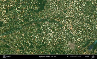 Nogent-sur-Seine. Copernicus Sentinel 'in Haziran 2023' te çekilmiş uydu görüntüsü üzerine Fransa 'nın idari bölgesi.