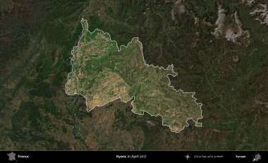 Nyons. Fransa 'nın idari alanı, Nisan 2017' de çekilen Kopernik Nöbetçi karolarından oluşan koyu renkli bir uydu görüntüsü üzerinde vurgulandı ve özetlendi.