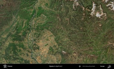 Nyons. Nisan 2017 'de Copernicus Sentinel karolarından oluşan bir uydu görüntüsü üzerine Fransa' nın idari bölgesi