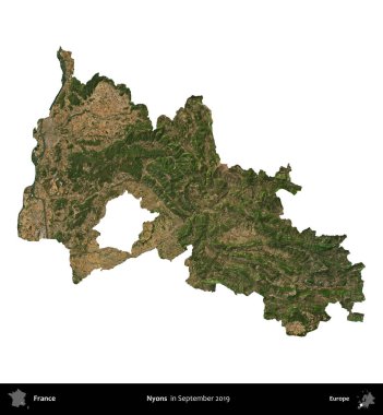 Nyons. Fransa 'nın idari bölgesi, Eylül 2019' da çekilen Kopernik Nöbetçi karolarından oluşan uydu görüntüsüyle beyaza izole edildi.